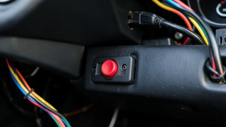 Hidden red kill switch installed under a car dashboard near the steering column