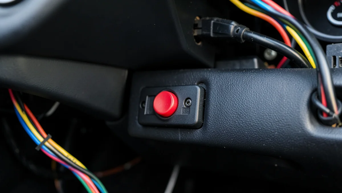 Hidden red kill switch installed under a car dashboard near the steering column