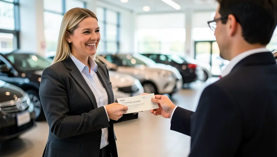 Car dealership employee handing a cashiers check to a customer inside a showroom