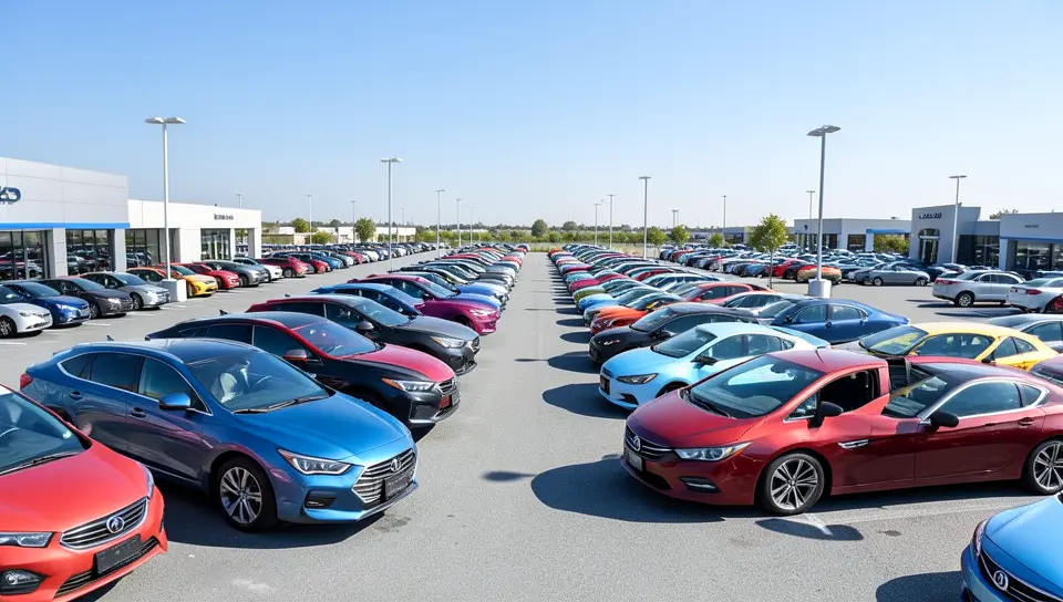 Rows of new cars from different brands parked at a dealership lot