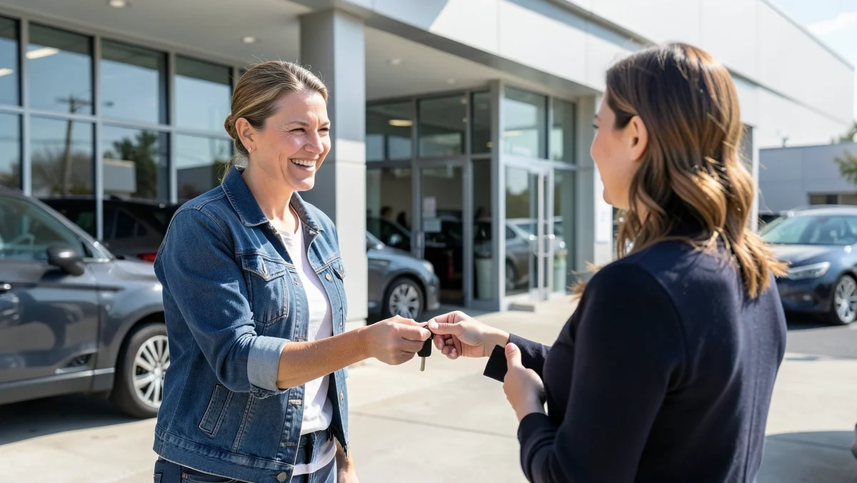 A car salesperson handing a set of keys to a customer outside a dealership for a test drive