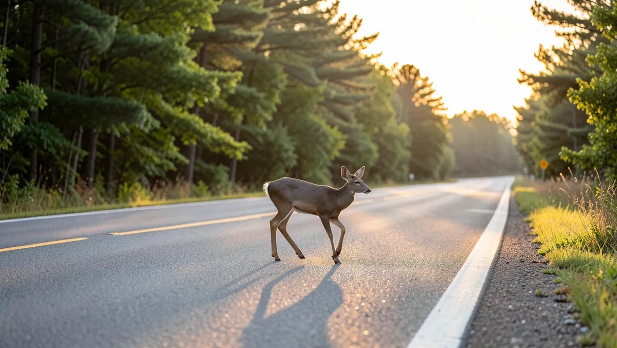 A whitetail deer crossing an empty rural highway near a forest edge at dawn