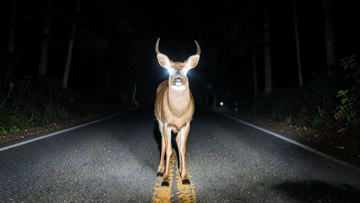 A whitetail deer standing frozen in a car headlight beam on a dark rural road at night