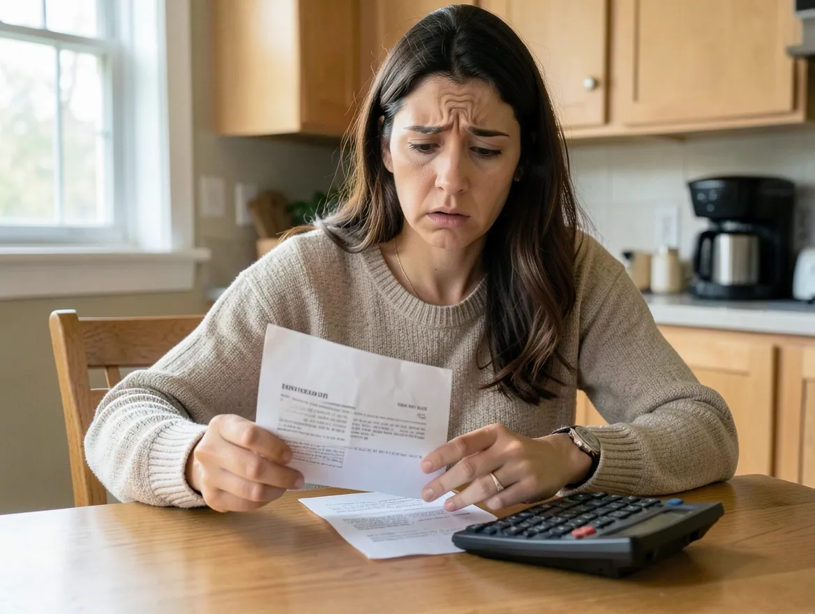 Woman reviewing a past-due car loan payment notice at her kitchen table