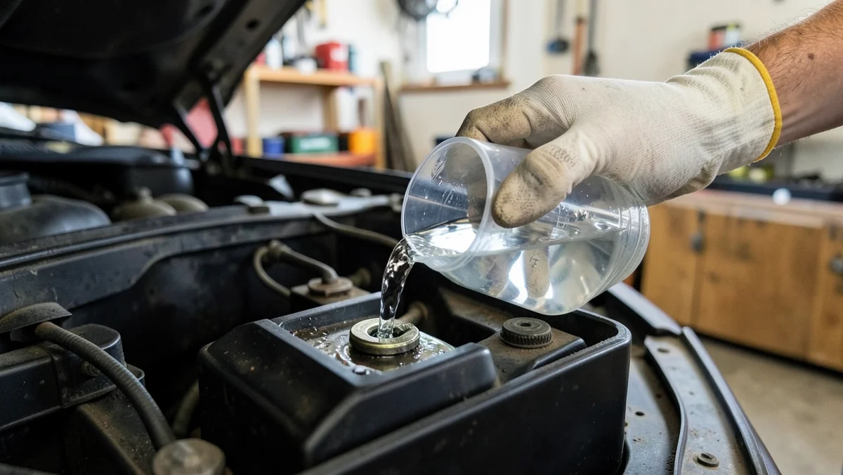 Pouring deionized water into an open car battery cell with a small measuring jug