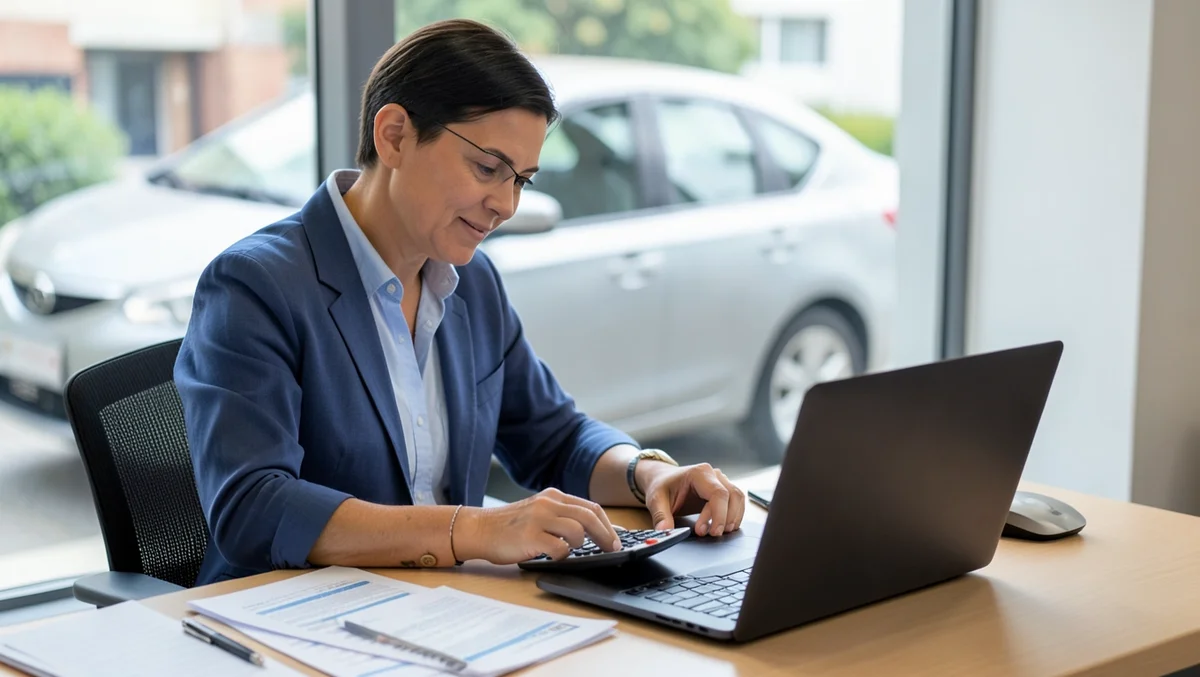 Small business owner calculating vehicle tax depreciation with a calculator and laptop, generic sedan visible outside the office window