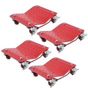 Set of four red steel car dolly wheel skates used to roll a car with a locked steering wheel