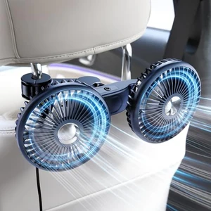DICMKY dual-head cooling fan clipped to a car headrest for back-seat passengers
