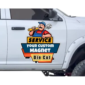 Die cut custom magnetic business sign mounted on a truck door