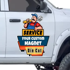 Die cut custom car magnet sign advertising a business on a truck door
