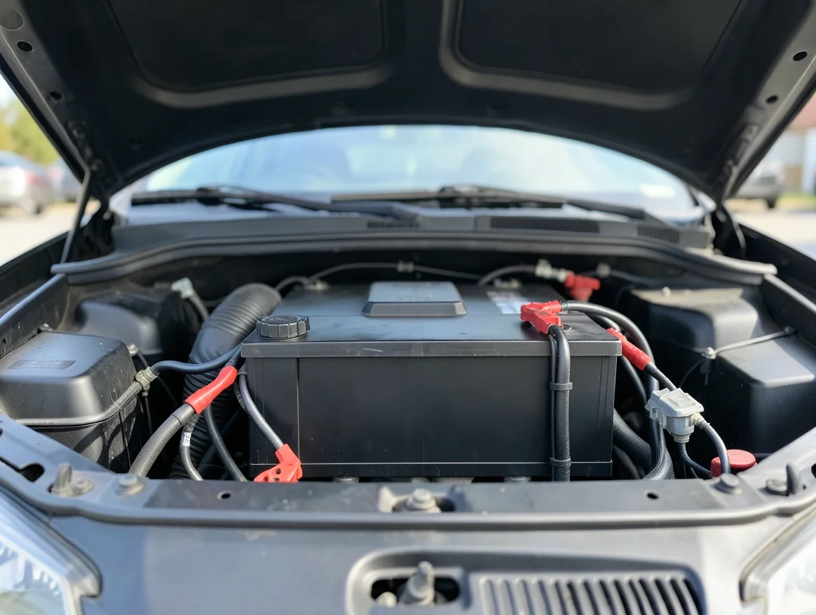 DieHard-style car battery installed in an engine bay with cable clamps connected