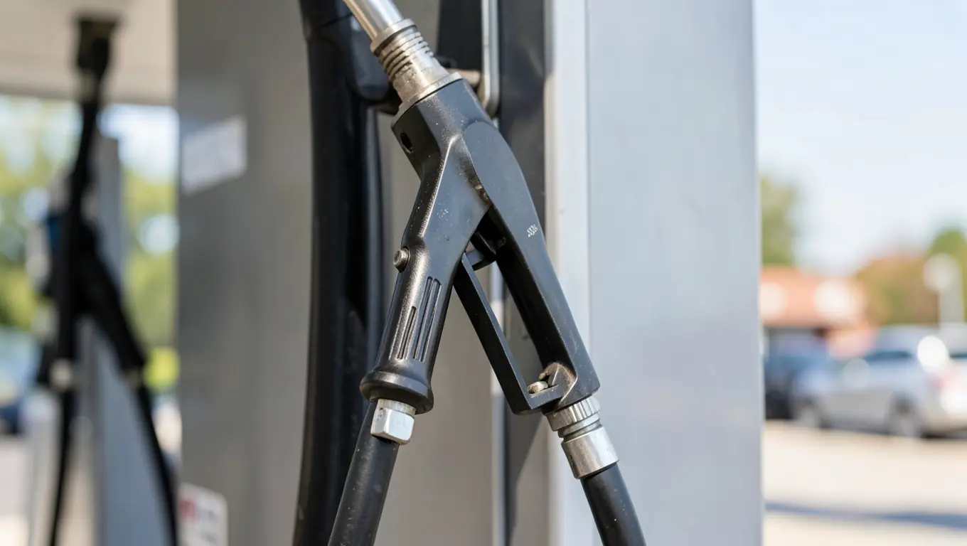 Diesel fuel nozzle hanging at a gas station pump
