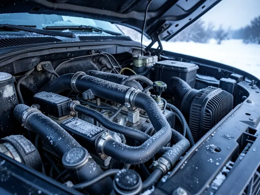 Frost covering the fuel lines and hoses in a diesel truck engine bay during a snowy winter morning