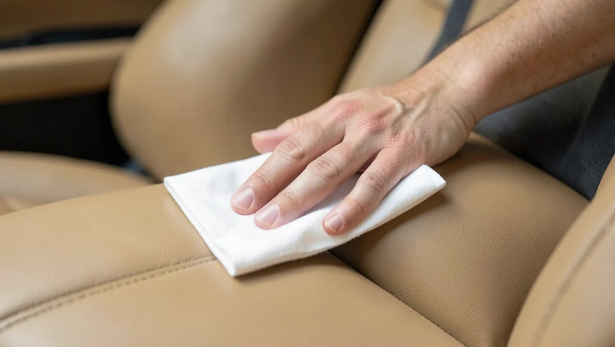 Hand wiping tan leather car seat with a cleaning wipe