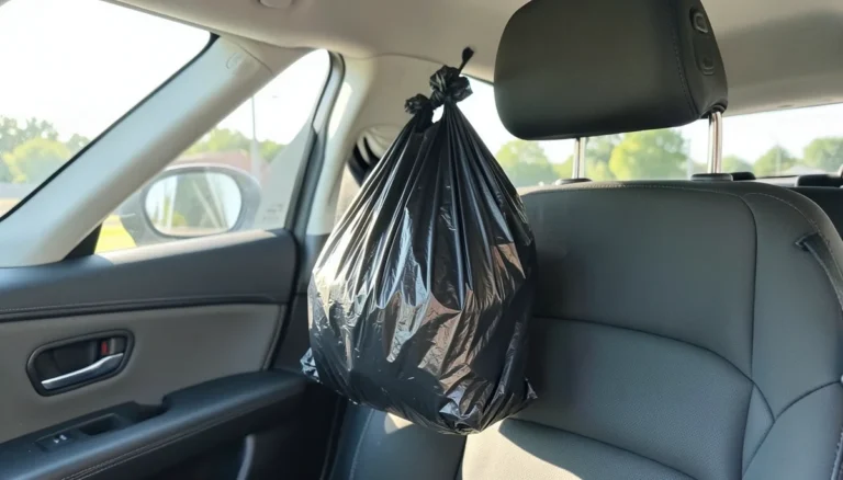 A disposable black trash bag hanging from a car headrest to keep the car interior clean
