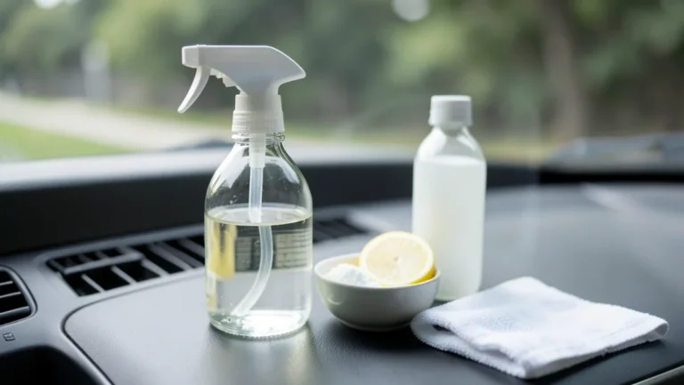 Homemade DIY car interior cleaning solution in a spray bottle with vinegar, baking soda, and lemon on a car dashboard