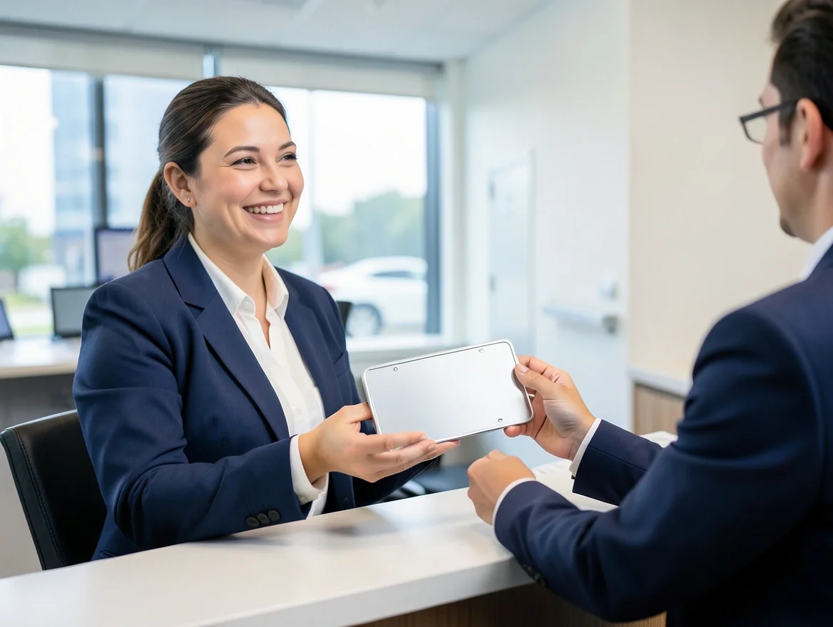 DMV clerk handing a customer a new replacement license plate across the counter