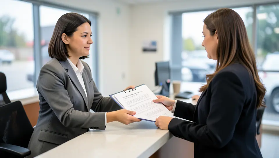 DMV clerk handing over vehicle title transfer paperwork at the counter