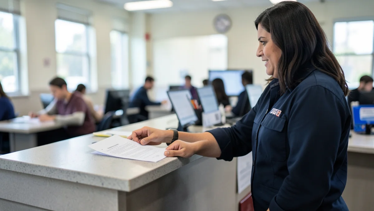 DMV clerk helping a customer submit car title transfer paperwork at the counter