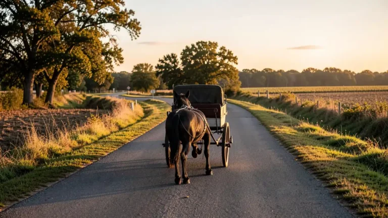 A black Amish horse-drawn buggy traveling along a quiet rural road at sunset