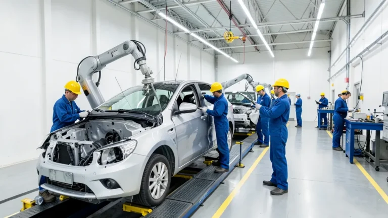 Workers and robotic arms assembling a car body on a modern automotive factory line