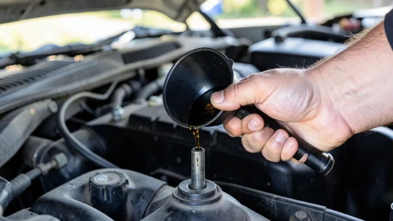 Mechanic pouring automatic transmission fluid through a funnel into the dipstick tube of a running car engine