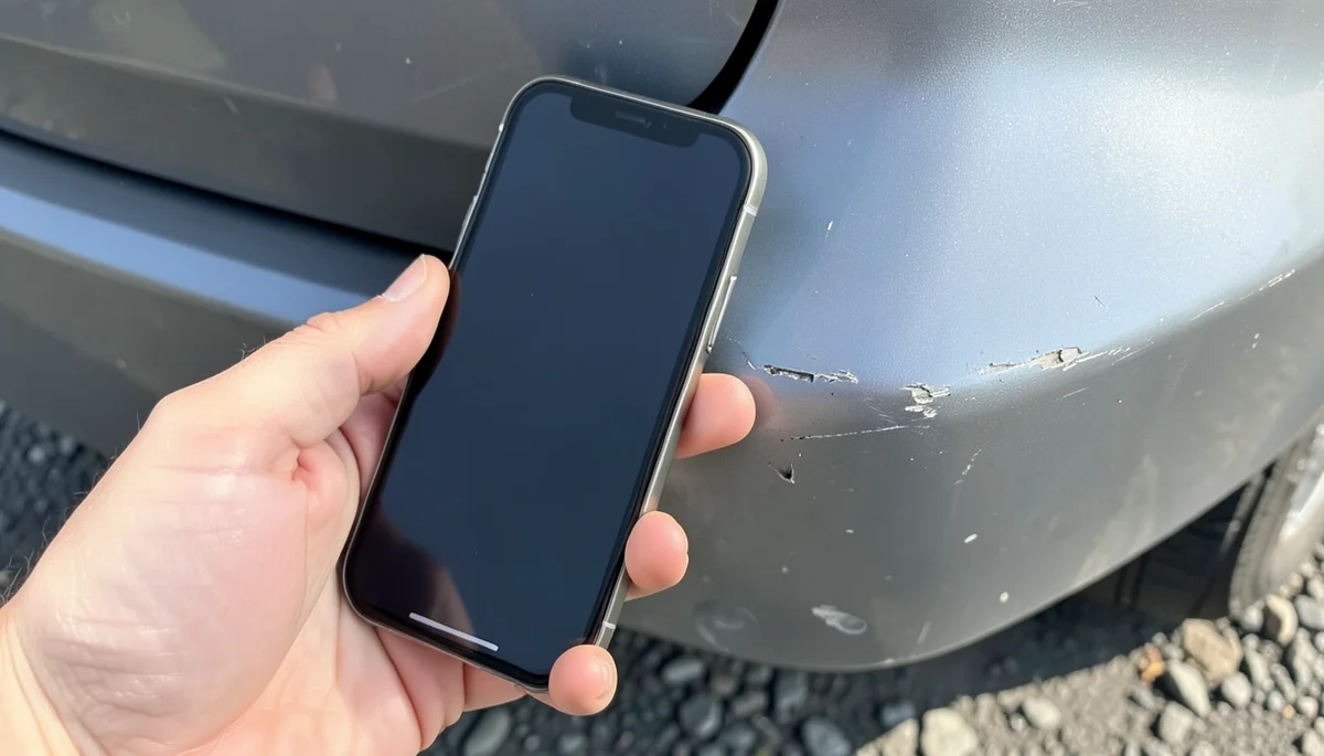 Person photographing minor bumper damage on a car with a smartphone to document it for an insurance claim