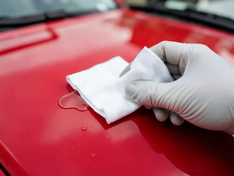 A gloved hand wiping a small amount of clear solvent off a red car hood with a microfiber cloth to test the paint