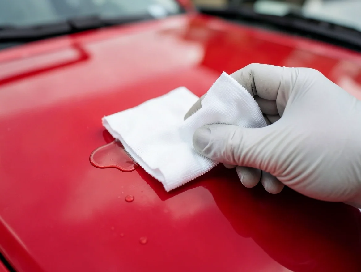 A gloved hand wiping a small amount of clear solvent off a red car hood with a microfiber cloth to test the paint