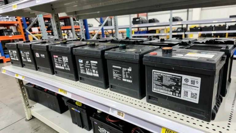 Row of new automotive car batteries on a warehouse retail shelf