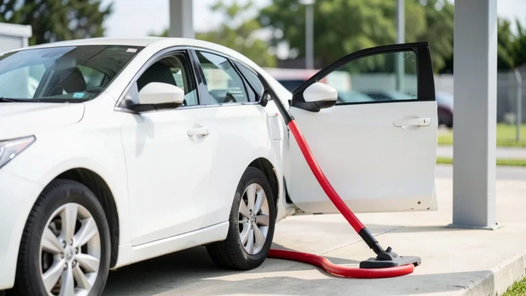 Car parked at a self-serve vacuum stall with a red vacuum hose at a car wash