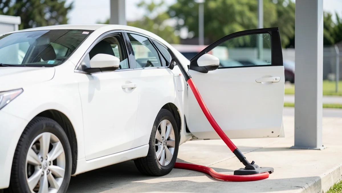 Car parked at a self-serve vacuum stall with a red vacuum hose at a car wash