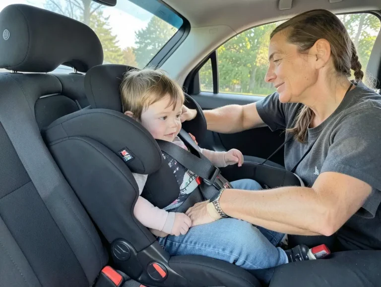 Parent buckling a toddler into a car seat in the back seat of a car
