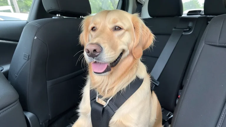 Golden retriever wearing a safety harness clipped into a car seat belt in the back seat of a car