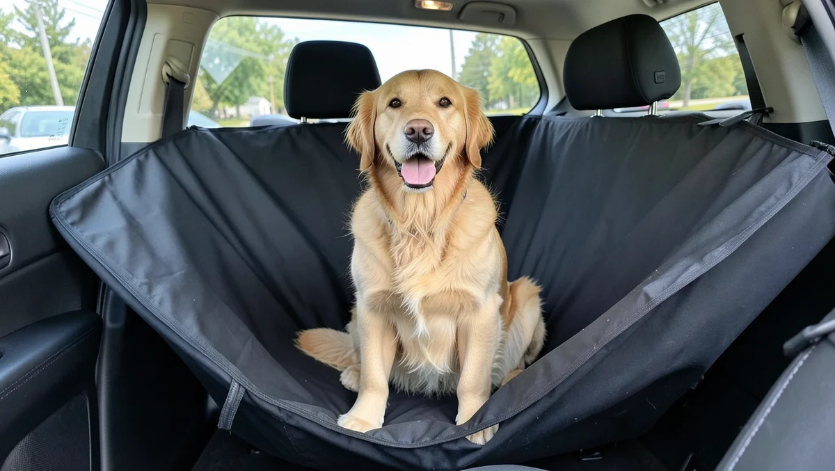 Golden retriever sitting on a black waterproof hammock-style dog car seat cover in the back seat of an SUV