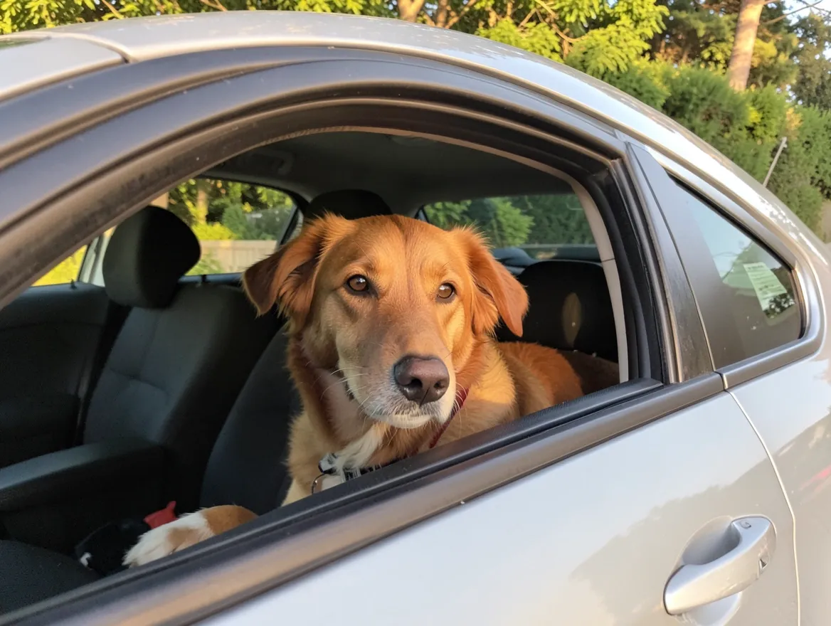A dog sitting in the back seat of a parked car looking out the window