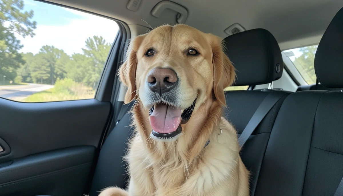 Golden retriever panting in the back seat of a car, an early sign of car sickness