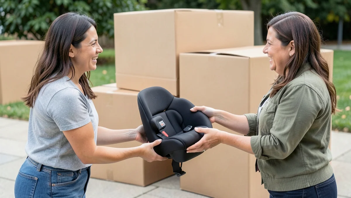 Two women exchanging a used child car seat as a charity donation