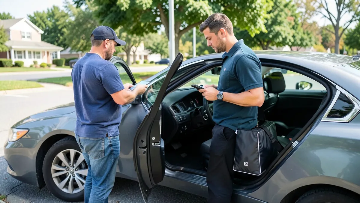 DoorDash delivery driver checking the delivery app next to his car with an insulated food delivery bag