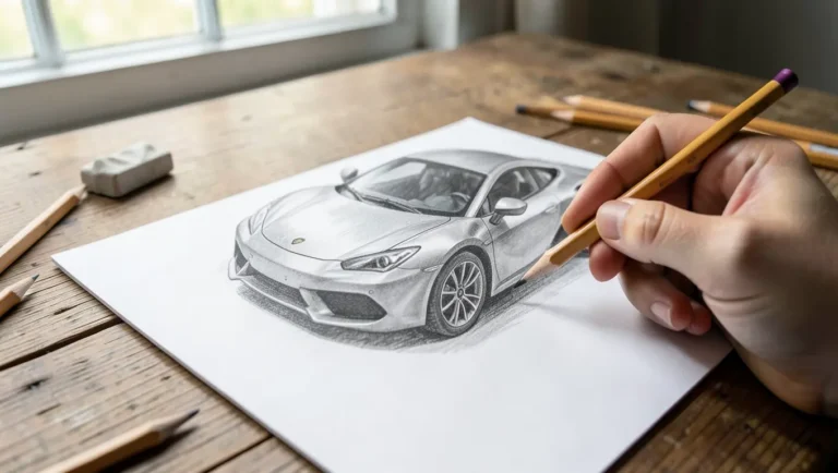 Artist hand drawing a realistic sports car with a graphite pencil on sketch paper