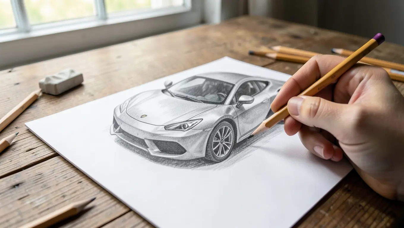 Artist hand drawing a realistic sports car with a graphite pencil on sketch paper