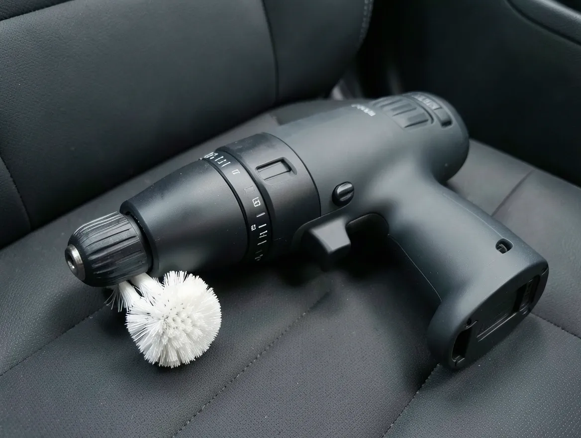 Cordless drill fitted with a round white bristle brush attachment resting on a dark car seat