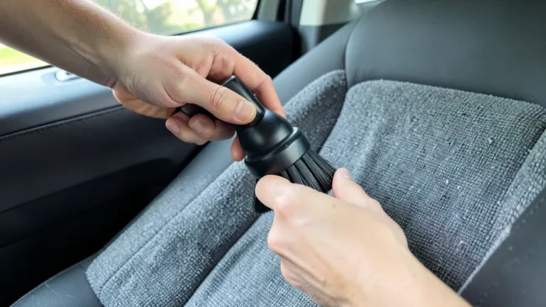 Hands using a handheld rotary brush attachment to deep clean gray fabric car seat upholstery