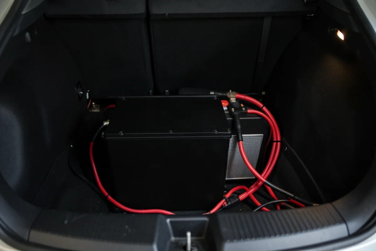 Sealed dry cell (AGM) auxiliary battery installed in a car trunk with power cables running to an amplifier for a car audio system