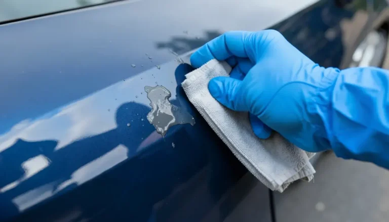 Removing duct tape adhesive residue from a car door panel with a microfiber cloth