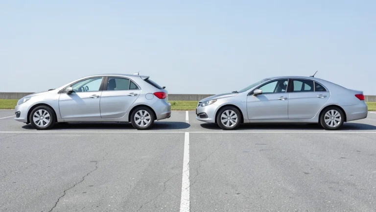A small silver hatchback economy car parked next to a slightly longer silver compact sedan, shown from the side to compare their length