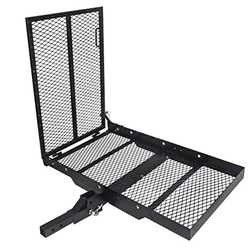 ECOTRIC folding steel hitch cargo carrier with the ramp folded up for storage