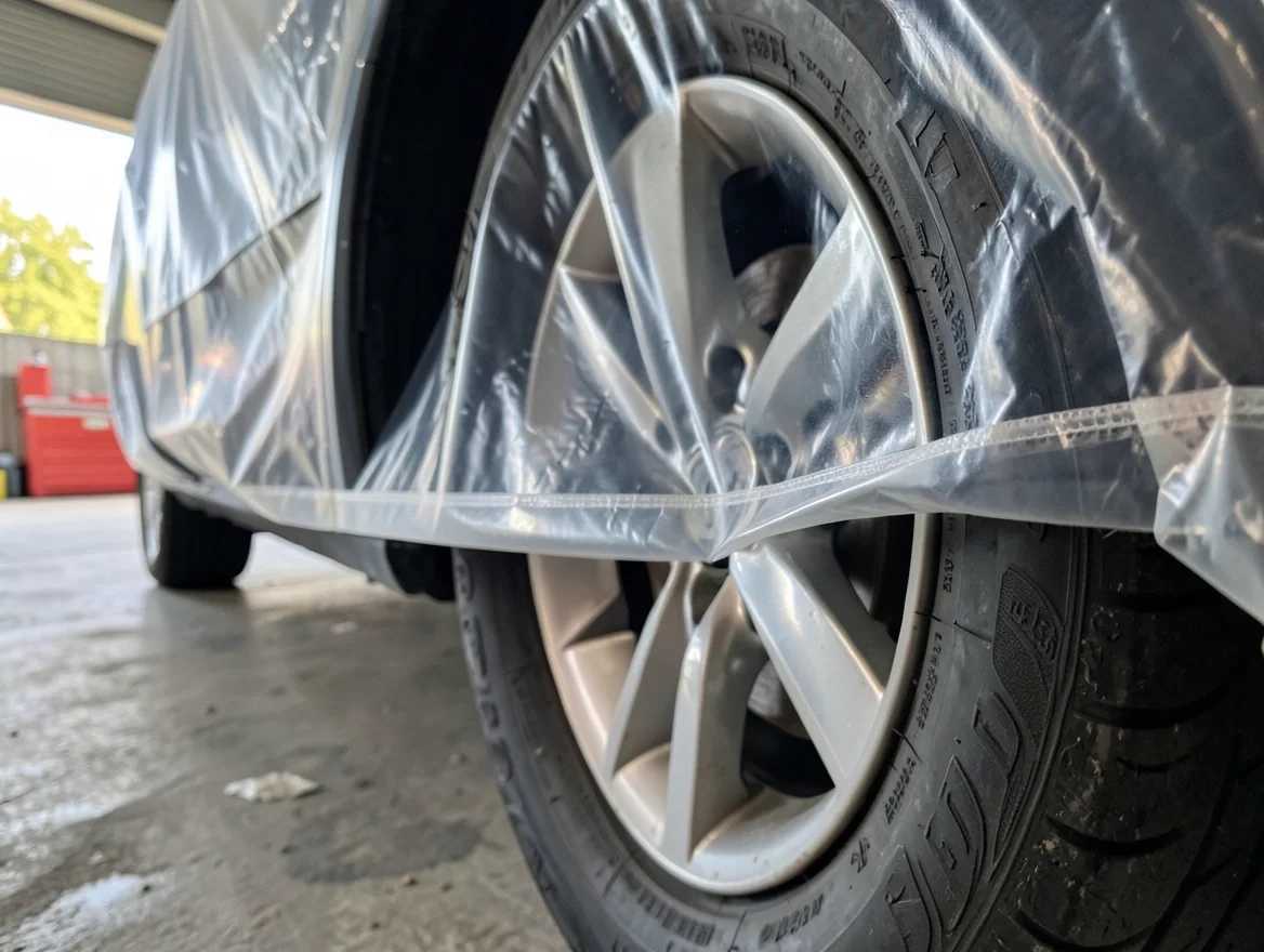 Close-up of the elastic hem of a clear plastic car cover stretched around a car wheel well