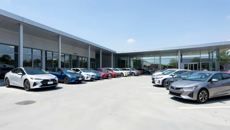 Row of new electric cars parked at a dealership lot