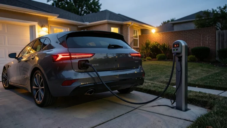 Electric car plugged into a Level 2 home charging station on a residential driveway at dusk